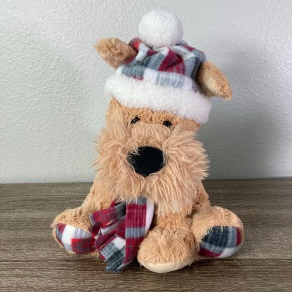 Gentle Treasures Dog Plush Winter Medium Brown‎ with Plaid Hat & Scarf